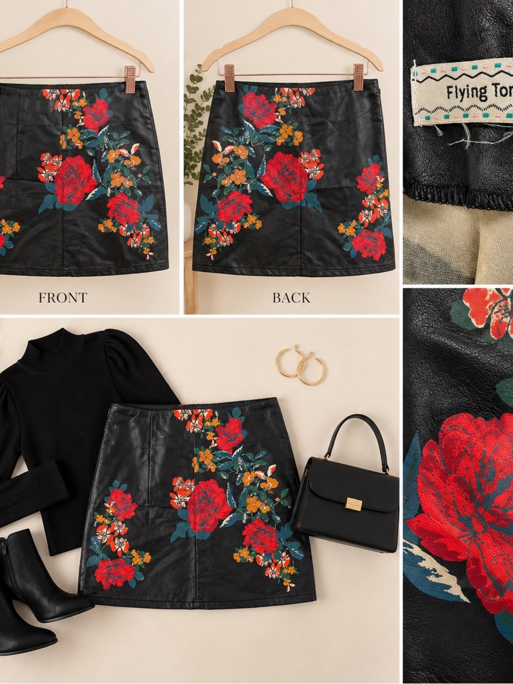 Flying Tomato Black Faux Leather Floral Mini Skirt